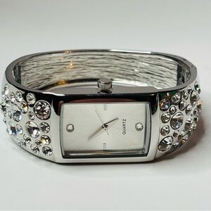 Chico’s Women's Watch Cuff Bracelet Bling Rhinestone Silver Tone Working